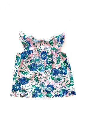 Lilly Pulitzer Pink Floral Ruffle Tank Dress with Blue & Green Flowers